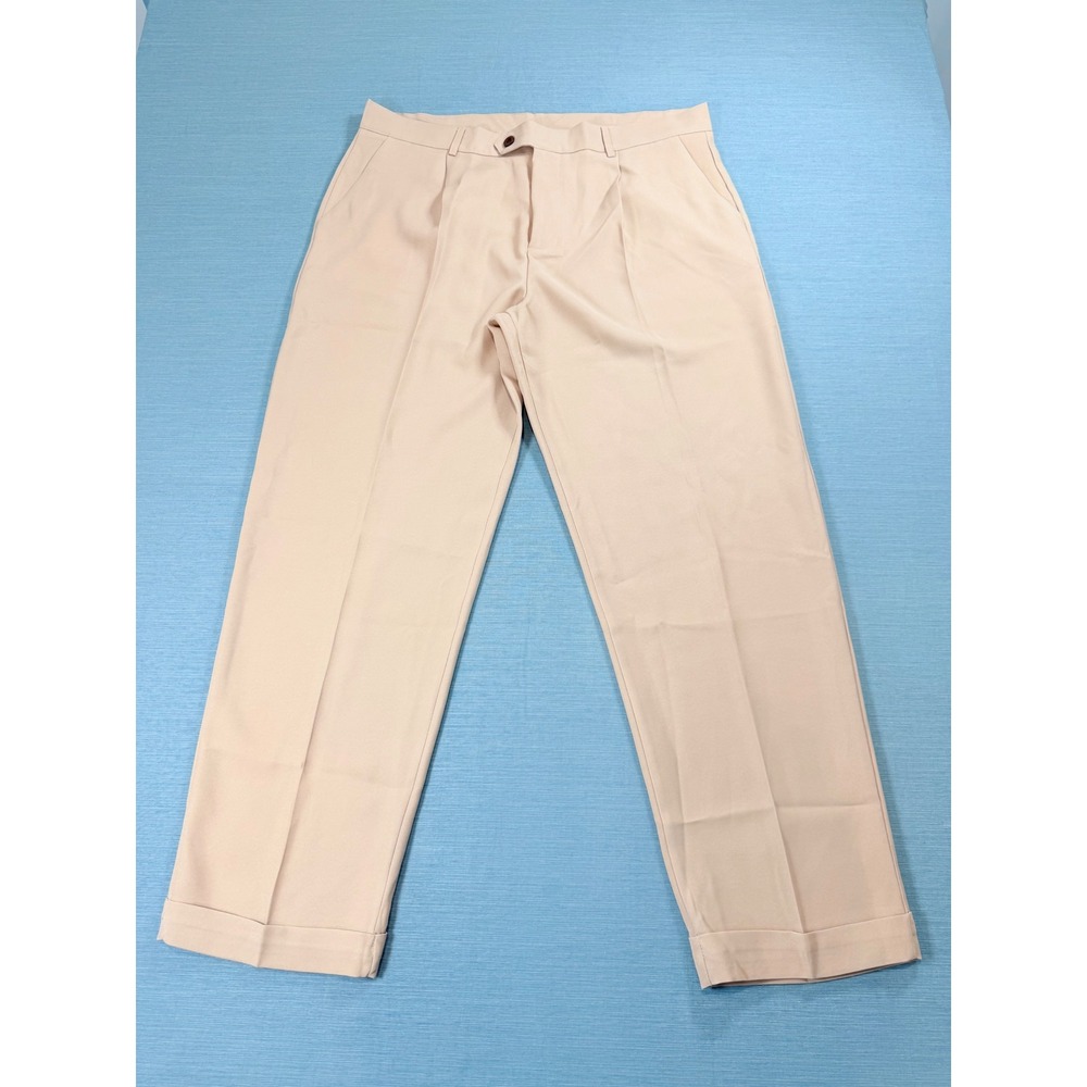 Ouku Pleated Dress Pants Men XXXL Tan Excellent Cuffed Straight Leg Trousers